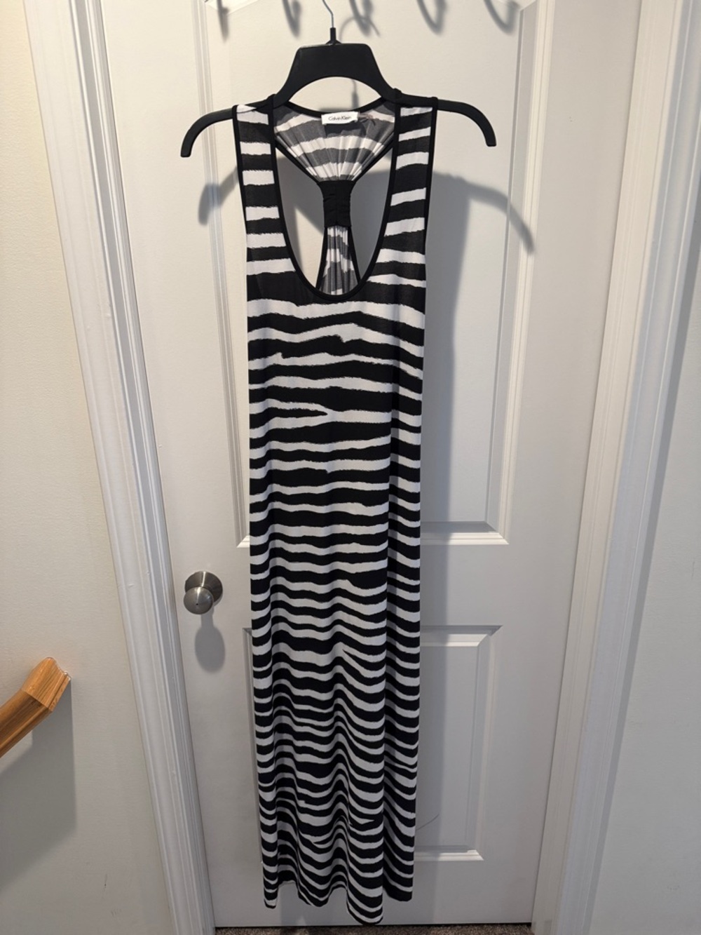 Calvin Klein Black and White Striped Racerback Maxi Dress